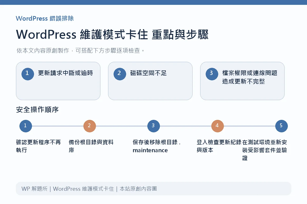 WordPress 維護模式卡住重點與步驟說明圖